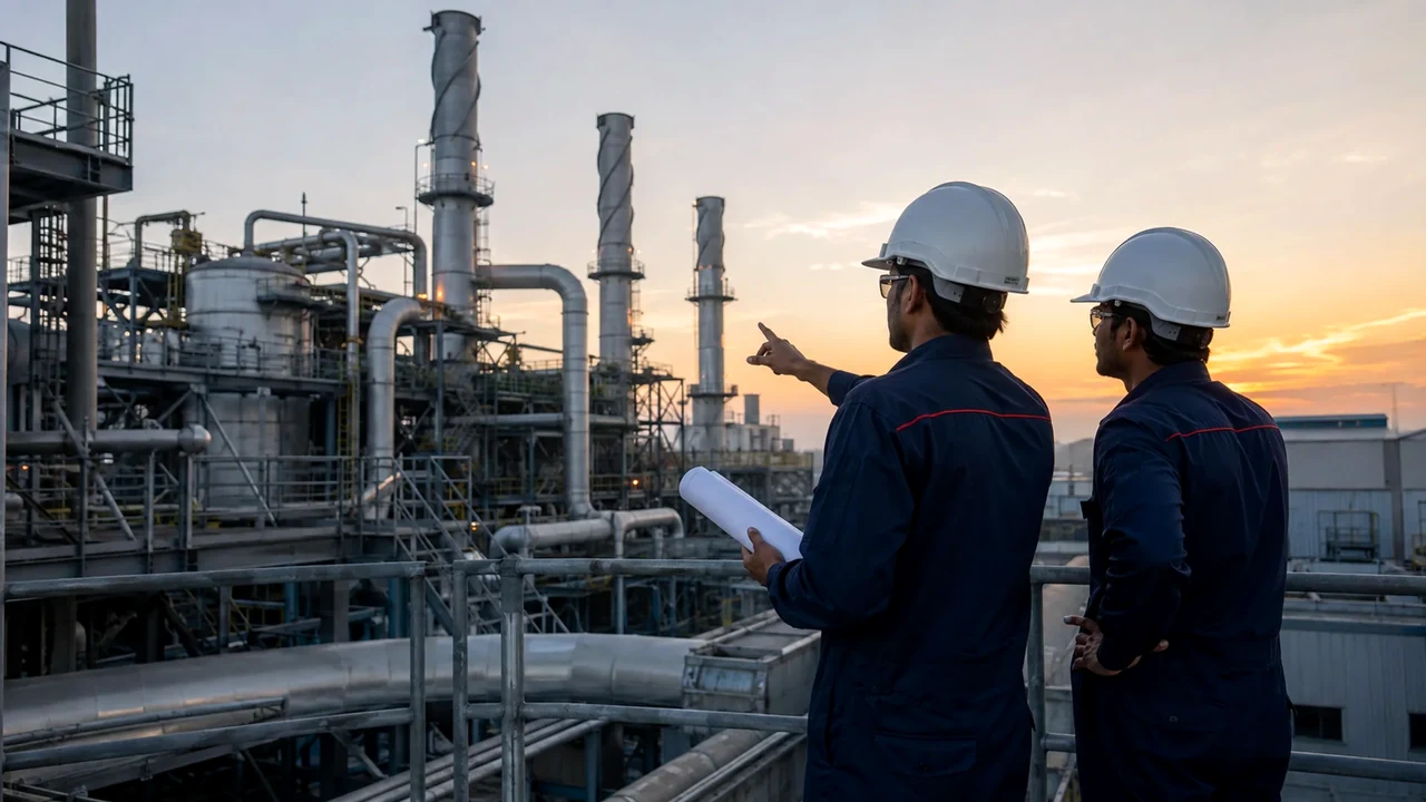 Industrial engineers reviewing plant systems at site